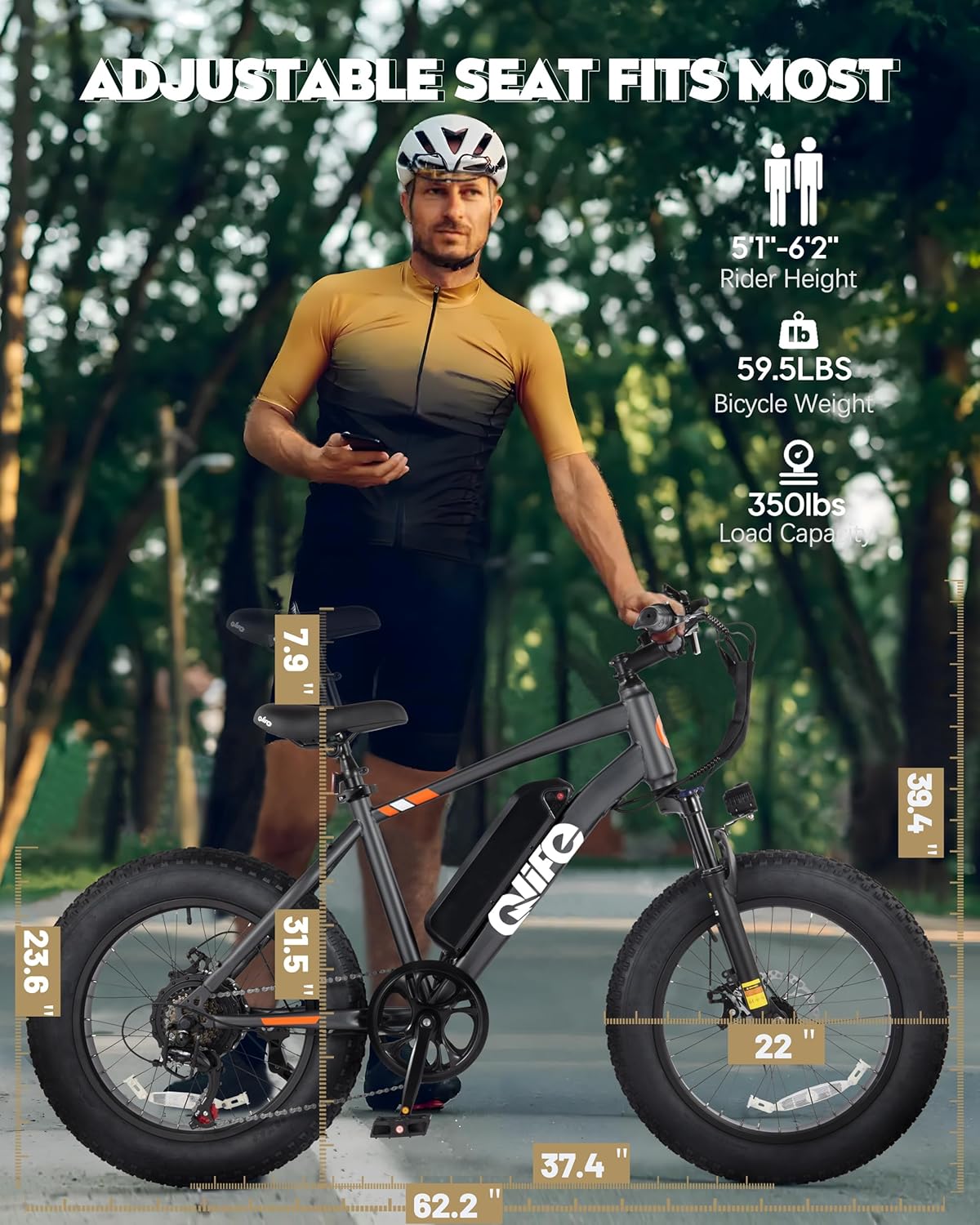 Qlife Racer Fat tire Electric Bike for Adults - 28MPH Mountain Ebike with Peak 1200W Brushless Motor, 499Wh Removable Battery, 20X4.0 Tire Step Over E-MTB with 7-Speed