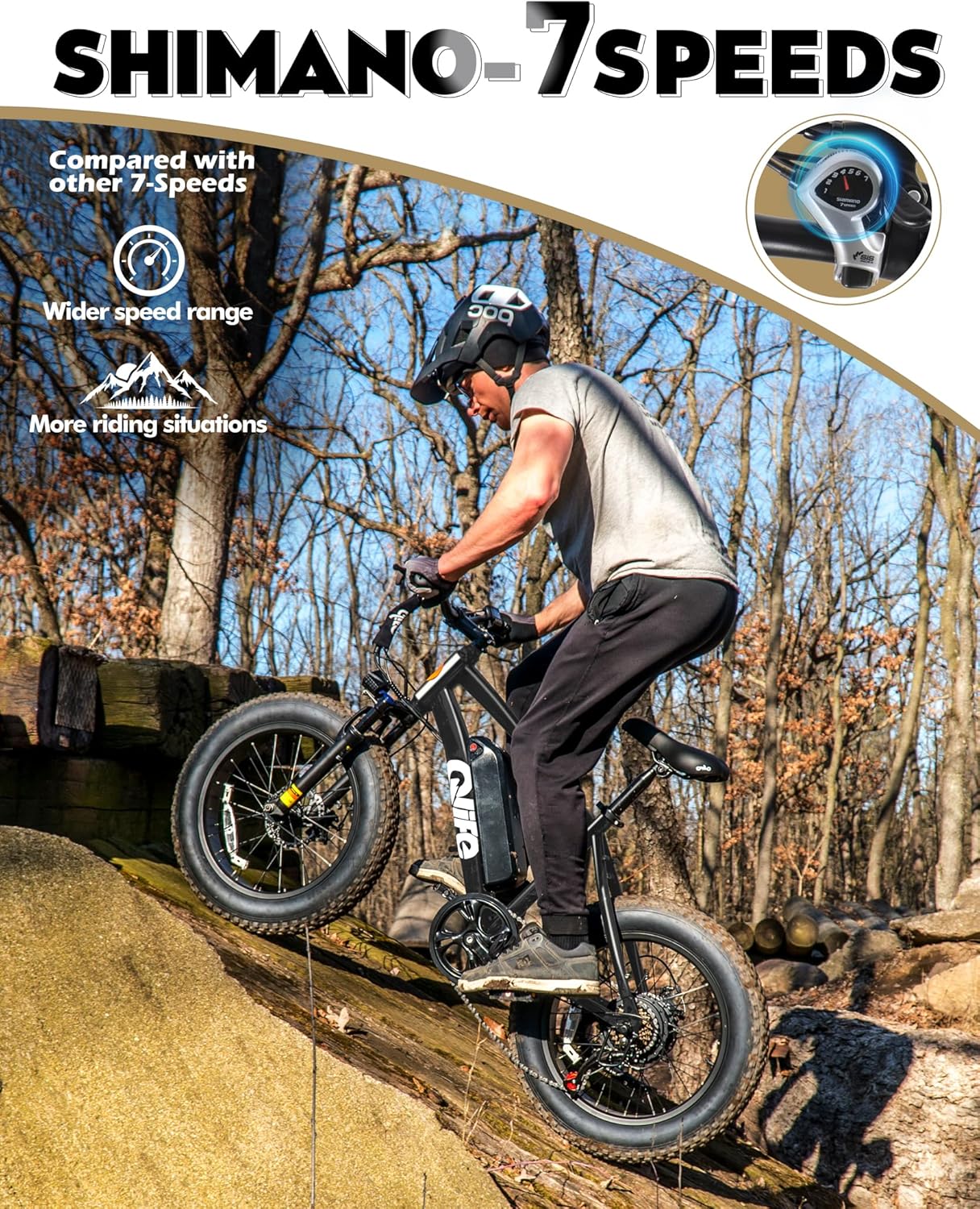 Qlife Racer Fat tire Electric Bike for Adults - 28MPH Mountain Ebike with Peak 1200W Brushless Motor, 499Wh Removable Battery, 20X4.0 Tire Step Over E-MTB with 7-Speed